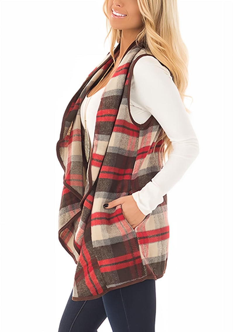 Unidear Womens Casual Plaid Print Sleeveless Open Front Cardigan Sweater with Pockets Light Red L - Image 3